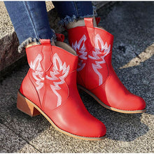 Load image into Gallery viewer, Women Ankle Boots Chunky Heels Embroidered Slip On Wedges Short Plush
