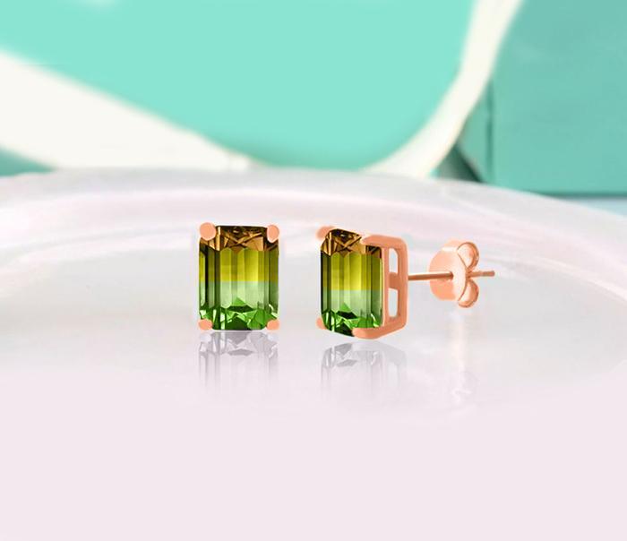 5.00 Ctw Emerald Cut Citrine/Emerald Stud Earringsin 18K Rose Gold