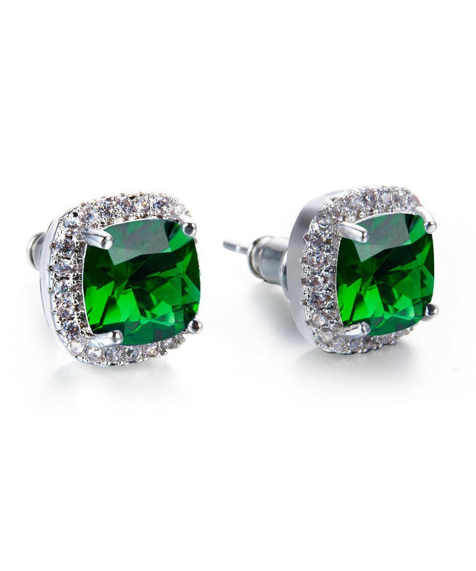 Princess Halo Cut Stud Earring With Austrian® Crystals - Green in 18K