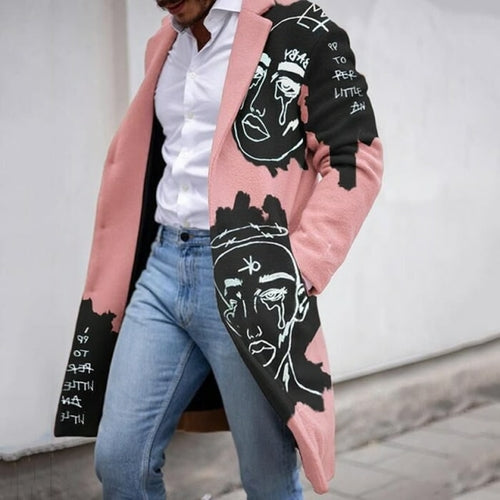 Man Single Breasted Jacket Letter Printing Button Long Slim Coat Long