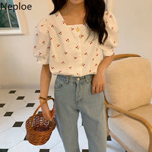 Load image into Gallery viewer, Neploe Vintage Print Cherry Women Blouses Square Collar Sweet Puff

