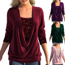 Load image into Gallery viewer, Popular Lady Blouse  Sequins Patchwork Fake Two Piece Female Top
