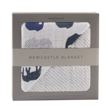 Load image into Gallery viewer, Blue Elephant and Spotted Wave Cotton Muslin Newcastle Blanket
