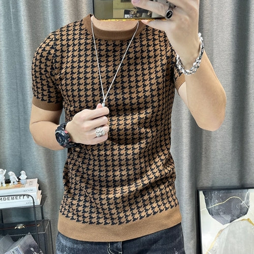 2022 Spring Short Sleeve Sweater T-shirt Men Plaid Knitted Thickened