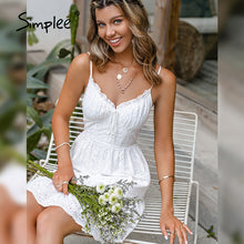 Load image into Gallery viewer, Simplee V neck suspender white dress for women casual Solid high waist
