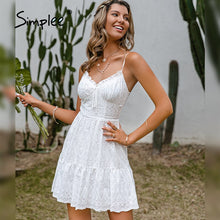Load image into Gallery viewer, Simplee V neck suspender white dress for women casual Solid high waist

