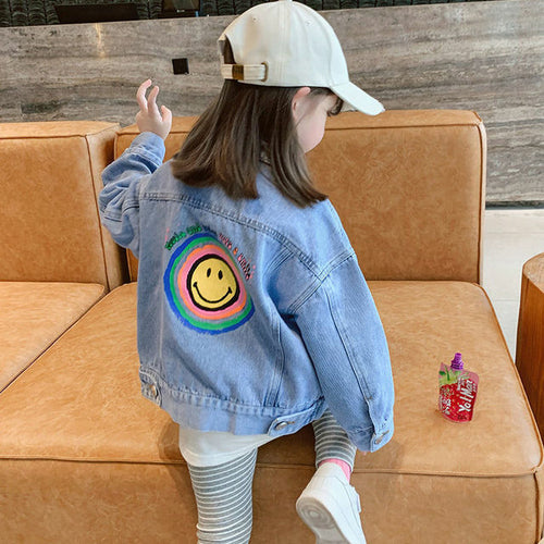 Smile Face  Denim Coat Blue Jean Jacket Korean Baby Girl Kids Clothes