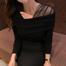 Load image into Gallery viewer, Square Neck Mesh Patchwork Shirts for Women All match Off shoulder
