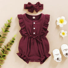 Load image into Gallery viewer, Summer Baby Girls Romper + Headband Cotton Linen Ruffles Sleeveless
