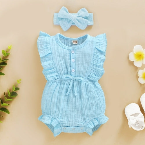 Summer Baby Girls Romper + Headband Cotton Linen Ruffles Sleeveless