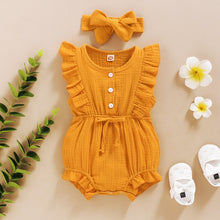 Load image into Gallery viewer, Summer Baby Girls Romper + Headband Cotton Linen Ruffles Sleeveless
