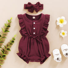 Load image into Gallery viewer, Summer Baby Girls Romper + Headband Cotton Linen Ruffles Sleeveless
