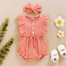 Load image into Gallery viewer, Summer Baby Girls Romper + Headband Cotton Linen Ruffles Sleeveless
