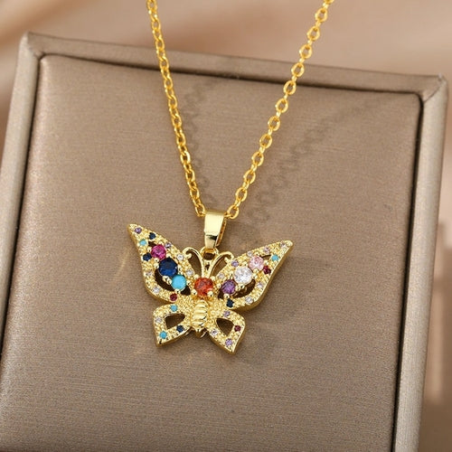 Zircon Butterfly Pendant Necklace For Women Stainless Steel Gold Chain