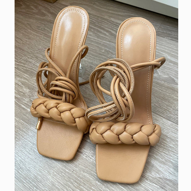 2021 Summer Designer Women Weave Blue Clear Heels Sandals 9cm Fetish High Heels Lace Up Sandals Open Toe Prom Shoes Plus Size