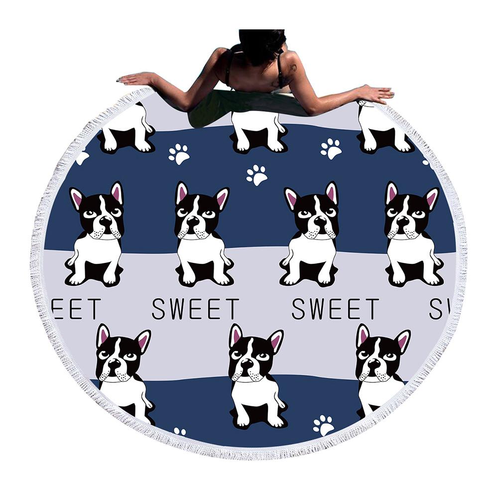 Cute Dog Round Beach Towel  Cartoon Printed Tassel